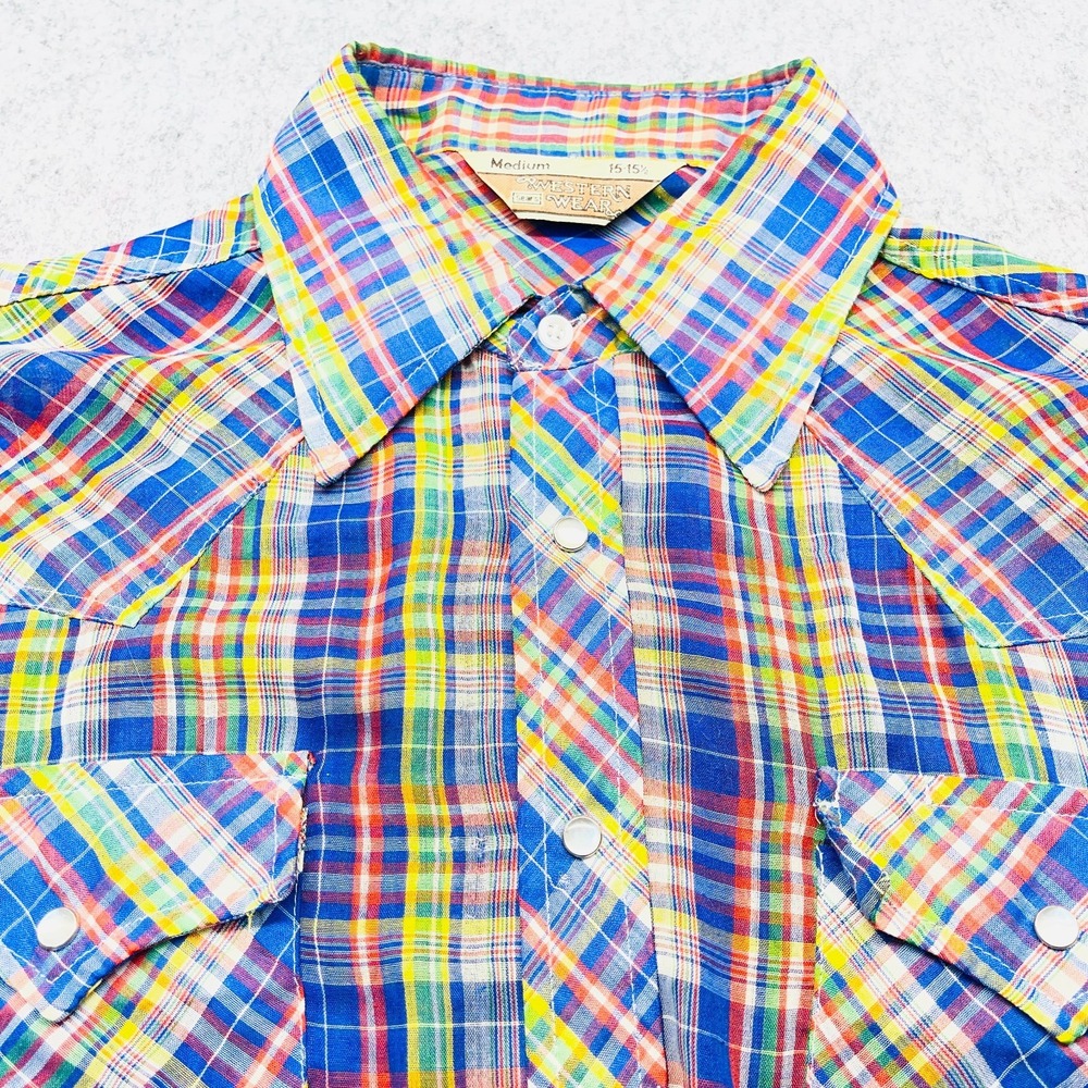 Vintage Sears Western Wear Shirt Men Medium Multi Plaid Pearl Snap Short Sleeve - Picture 4 of 8